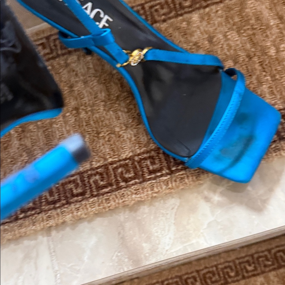 Versace Bright Turquoise Satin Slingback Heels with Gold Medusa - Picture 4 of 16